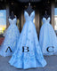 Charming Blue Spaghetti Straps V Neck Flowers Long Prom Dress, Satin Unique Prom Dresses