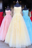 A Line Tulle Yellow Spaghetti Straps Prom Dress With Appliques Prom Dresses