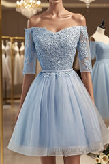 Half Sleeves Short Lace Prom Dresses, Short Lace Homecoming Bridesmaid Dresses