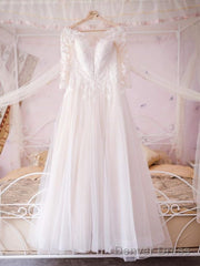 Half Sleeves V Neck White Aline Wedding Dresses Tulle Lace Long Bridal Dress