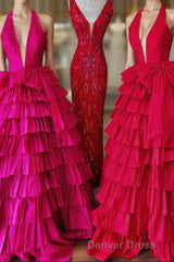 Halter A-Line Blue Satin Long Ruffled Prom Dresses With Slit