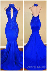 Halter Backless Mermaid Royal Blue Prom Dresses