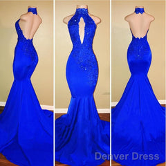 Halter Backless Mermaid Royal Blue Prom Dresses