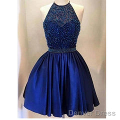 Halter Backless Royal Blue Beaded Homecoming Dresses