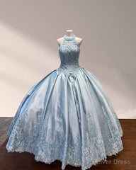Halter Beaded Sky Blue Satin Ball Gown Quinceaera Dress