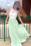Halter Chiffon Light Green Lace Prom Dresses