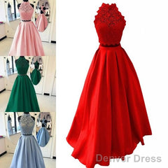 Halter Lace Satin Prom Dresses Long Two Piece Sexy Halter Criss Cross Backless Draped A-Line Graduation Sweet 15 Dress Cheap