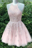 Halter Lace Up Back Short Pink Lace Homecoming Dresses Cocktail