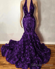 Halter Mermaid Sequin Rosette Prom Dresses