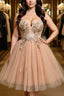 Halter Neck Backless Champagne 3D Floral Short Prom Dress, Backless Champagne Prom Graduation Homecoming Dresses