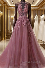 Halter Neck Backless Lace Prom Dresses, Open Back Halter Neck Lace Formal Evening Dresses