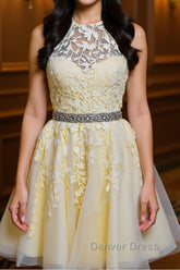 Halter Neck Backless Short Yellow Lace Prom Dresses, Yellow Lace Formal Graduation Homecoming Dresses