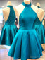 Halter Neck Blue Satin Short Prom Dress, Halter Neck Short Graduation Homecoming Dresses