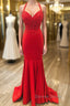 Halter Neck Mermaid Backless Red Lace Long Prom Dress, Mermaid Red Prom Dress, Red Lace Prom Dresses
