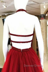 Halter Neck Open Back Beaded Burgundy Prom Dresses, Backless Burgundy Homecoming Dresses, Short Burgundy Formal Evening Dresses