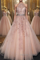 Halter Neck Pink Lace Long Prom Dresses with Belt, Pink Lace Formal Dresses, Pink Evening Dresses