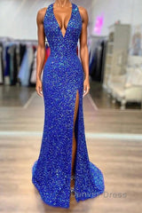 Halter Neck Royal Blue Long Prom Dresses, Shiny Royal Blue Long Formal Evening Dresses