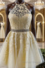 Halter Neck Short Yellow Lace Prom Dressses, Backless Short Yellow Lace Prom Homecoming Dresses