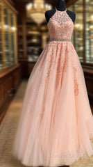 Halter Pink Lace Prom Dresses With Appliques,