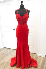 Halter Red Mermaid Long Prom Dresses Lace Appliques