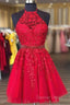 Halter Short Red Homecoming Dresses With Lace Appliques And Beaded Band