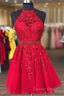 Halter Short Red Homecoming Dresses With Lace Appliques And Beaded Band