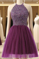 Halter Sleeveless Short Purple Homecoming Dresses Prom Dresses