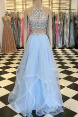 Halter Two Piece Beading Blue Ruffles Tulle Prom Dresses