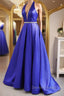 Halter V Neck Backless Blue Long Prom Dress with Belt, Backless Blue Prom Dresses