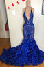 Halter V Neck Sequins Flower Button Mermaid Prom Dresses