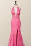 Halter Fuchsia Yellow Lace Mermaid Prom Dresses