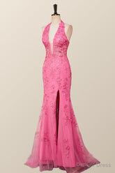 Halter Fuchsia Yellow Lace Mermaid Prom Dress