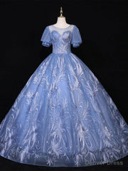 Haze Blue Tulle Sequins Puff Sleeve Quinceanera Dress