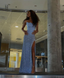 Sparkly Blue Sequins Sheath Prom Dress With High Slit Long Prom Dresses