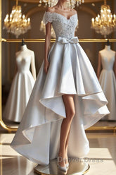 High Low Off Shoulder Gray Lace Prom Dresses, Off the Shoulder Gray Homecoming Dresses, Gray Lace Formal Evening Dresses