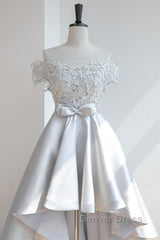 High Low Off Shoulder Gray Lace Prom Dresses, Off the Shoulder Gray Homecoming Dresses, Gray Lace Formal Evening Dresses