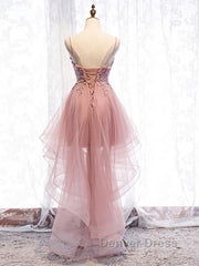 High Low Pink Lace Prom Dresses, Pink High Low Formal Graduation Homecoming Dresses