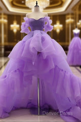 High Low Puffy Sleeves Tulle Purple Prom Dresses