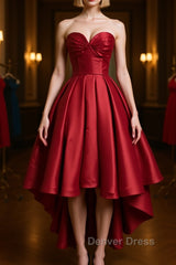 High Low Sweetheart Neck Strapless Backless Satin Red Prom Dresses, Red Graduation Dresses, Red Backless Formal Evening Dresses