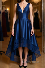 High Low V Neck Blue Satin Prom Dresses, Open Back Blue Formal Dresses, Blue Evening Dresses