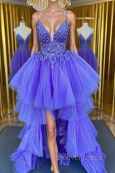 High Low V Neck Purple Lace Long Prom Dresses, Lilac Lace Formal Dresses, Purple Evening Dresses