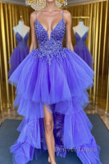 High Low V Neck Purple Lace Long Prom Dresses, Lilac Lace Formal Dresses, Purple Evening Dresses
