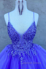 High Low V Neck Purple Lace Long Prom Dresses, Lilac Lace Formal Dresses, Purple Evening Dresses