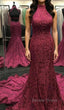 High Neck Backless Burgundy Lace long Prom Dresses, Long Burgundy Lace Formal Evening Dresses, Burgundy Ball Gown
