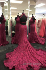 High Neck Backless Burgundy Lace long Prom Dresses, Long Burgundy Lace Formal Evening Dresses, Burgundy Ball Gown