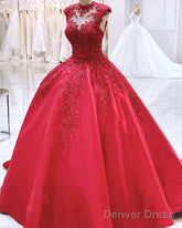High Neck Ball Gown Satin Dresses Lace Embroidery Beaded