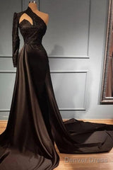 High Neck Black One Shoulder Satin Sweep Train Appliques Prom Formal Dress