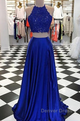 High Neck Blue Two Pieces Long Prom Dresses