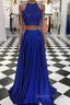 High Neck Blue Two Pieces Long Prom Dresses