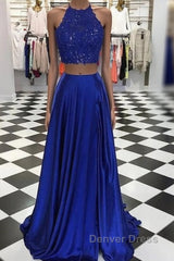 High Neck Blue Two Pieces Long Prom Dresses